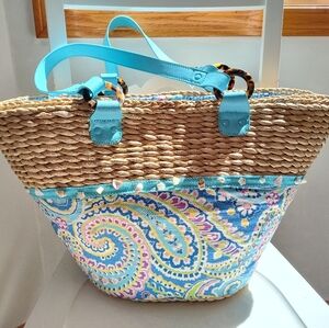 Large Woven Blue Paisely Beach Tote Bag w/ Bow Tie Seashells Straw Vera Bradley